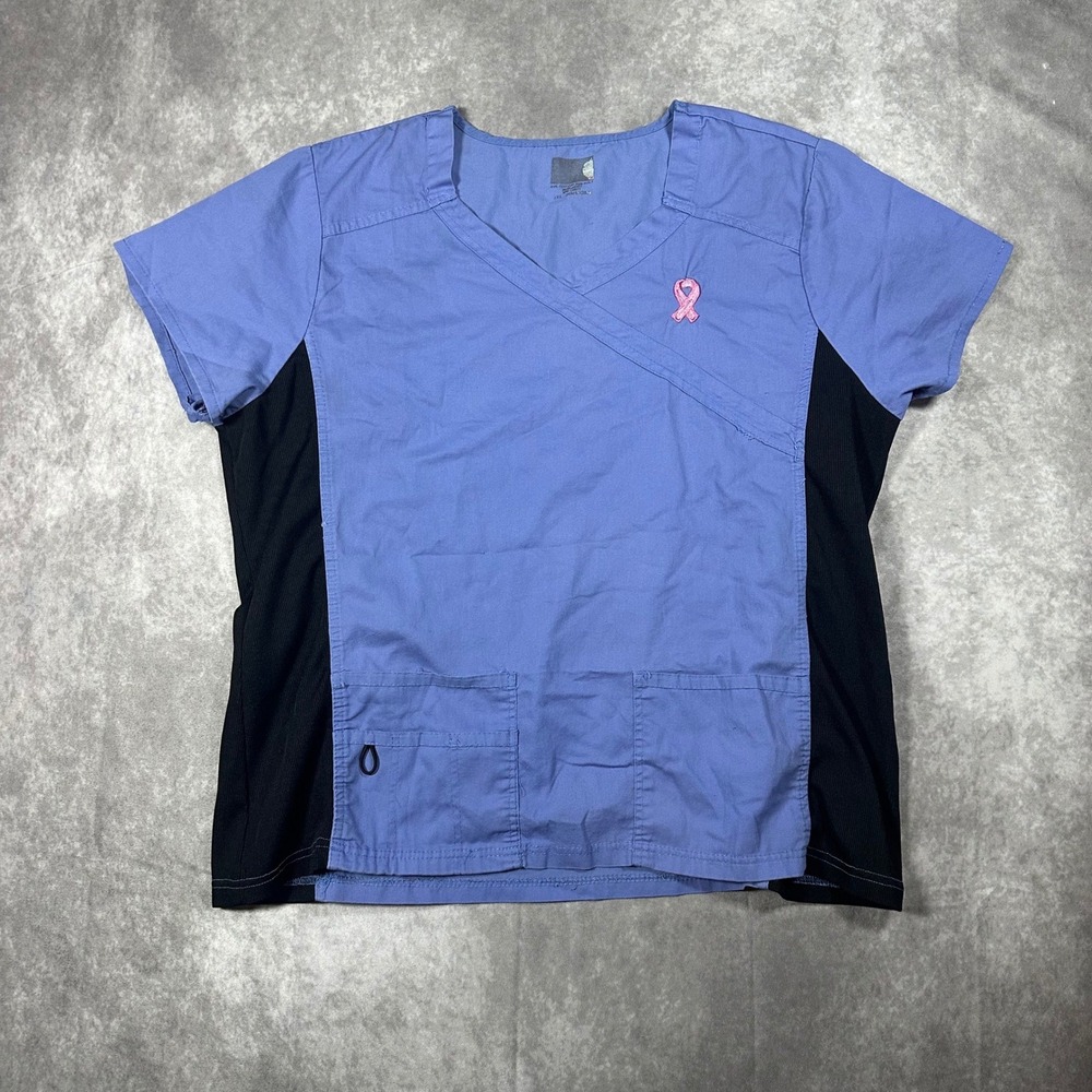 Cherokee Breast Cancer Awareness Scrub Top Women XXL Blue V-Neck Stretch Medical